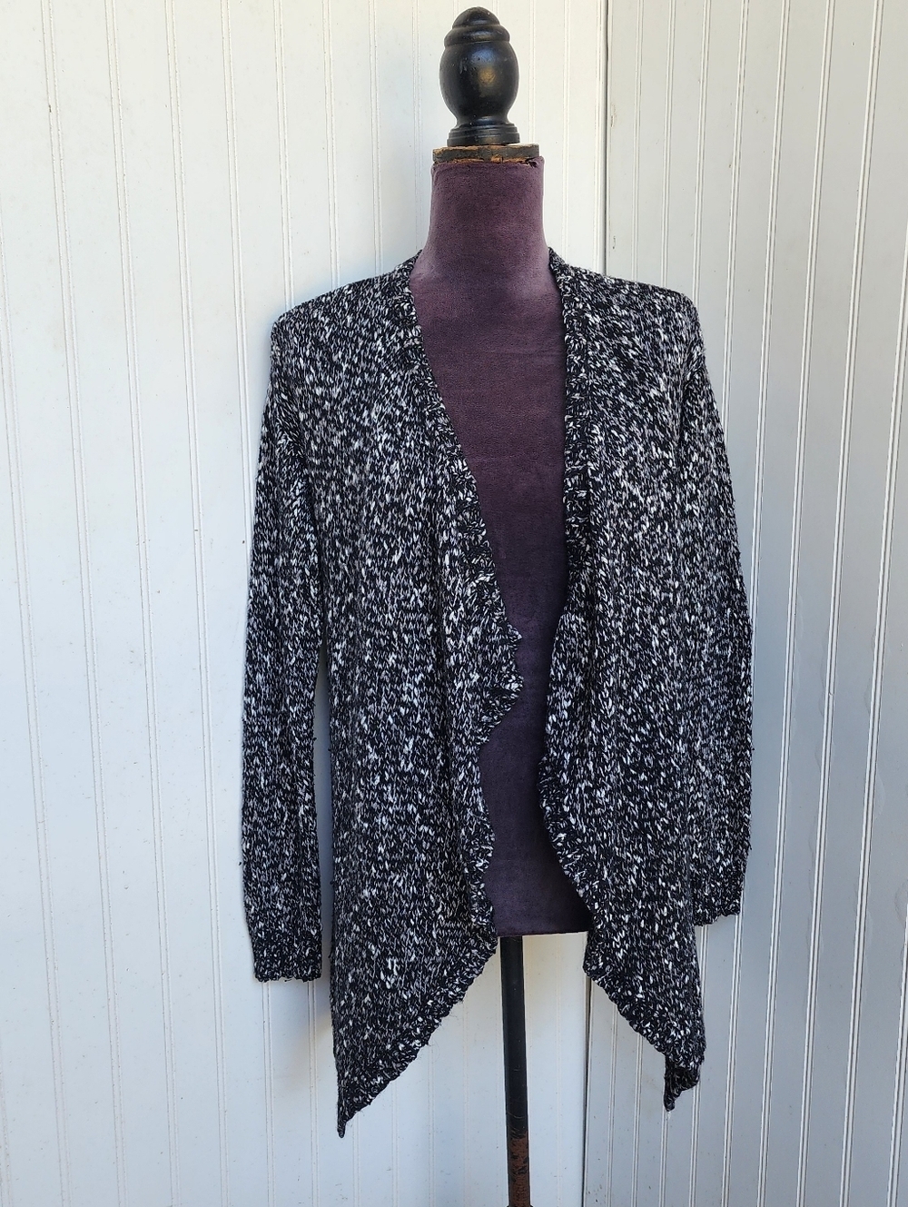 H&M Divided Black White Heathered Waterfall Open Cardigan Chunky Soft Sz S